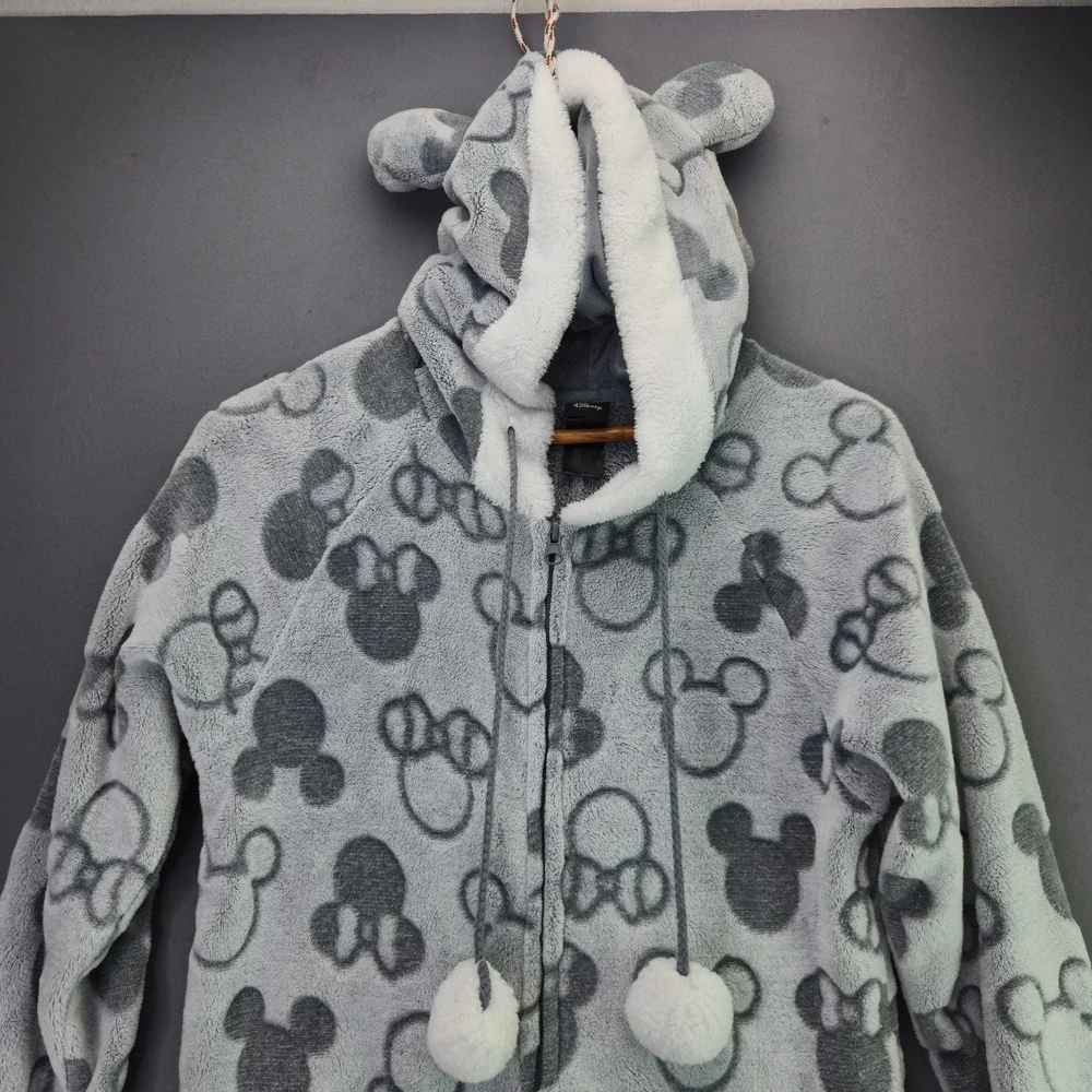 Disney Minnie Mouse Fleece Union Suit Pajamas Small Gray Hooded One Piece Plush - Picture 2 of 16